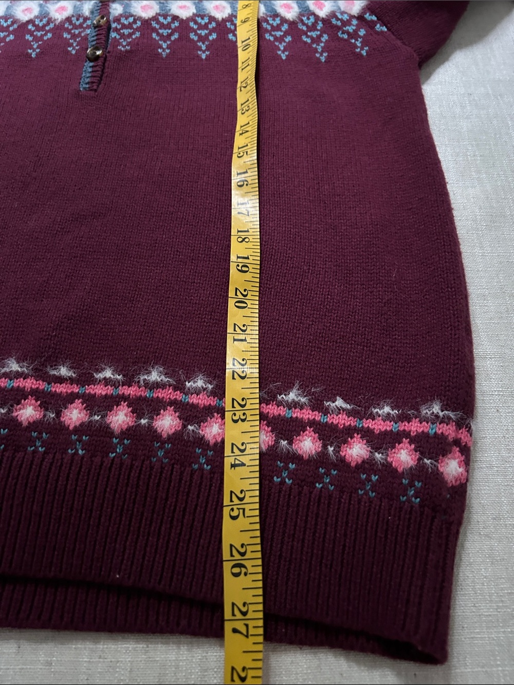 Sundance Fair Isle Sweater Burgundy Women's M Half Button Cotton Snowflake - Picture 8 of 13